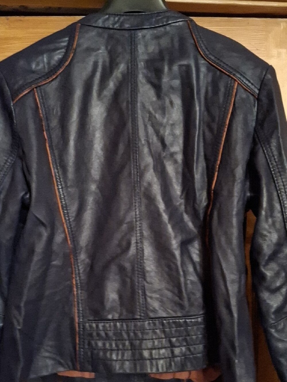 Michael Kors Navy Leather Moto Jacket with Tan Contrast Trim - Picture 10 of 15